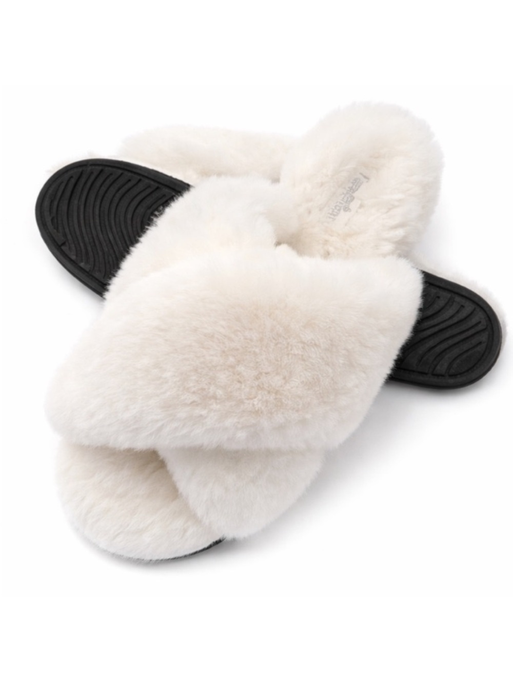 White Plush Cross Strap Slippers | Soft Faux Fur Cozy Memory Foam Slip On Slides
